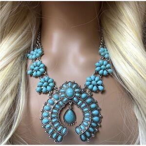 Squash Blossom Faux Turquoise Silver Toned Statement Necklace NWOT